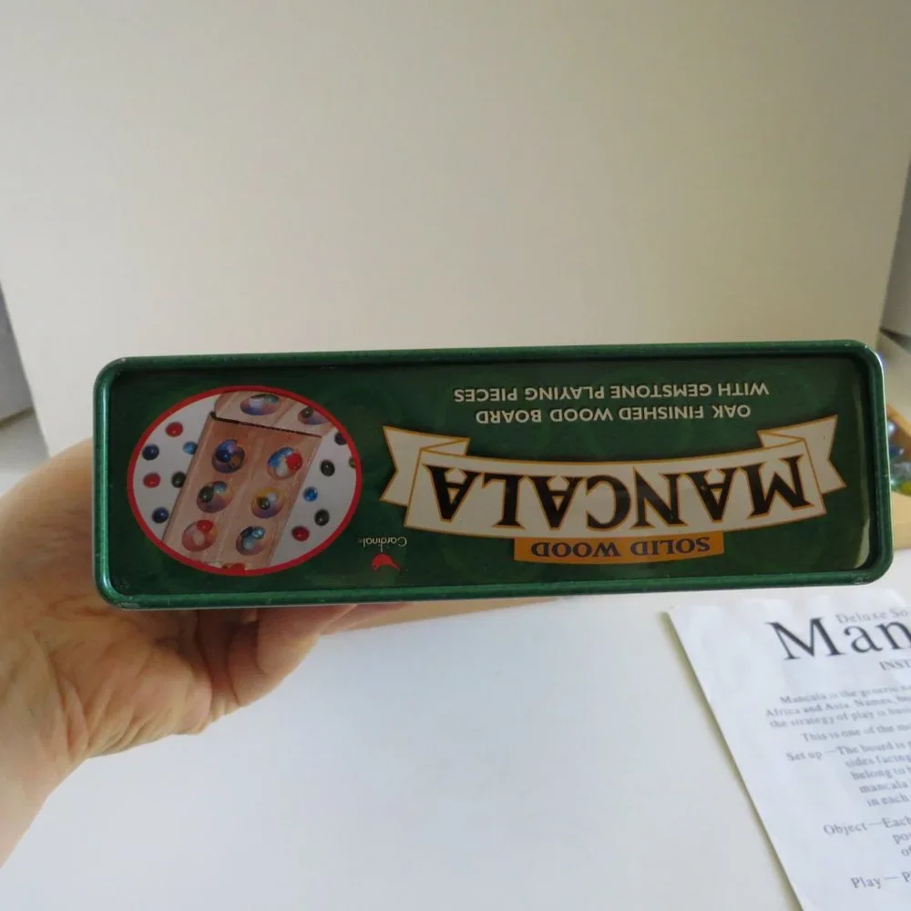 MANCALA GAME Solid Oak Wood Tray, Metal box & 47 Marbles